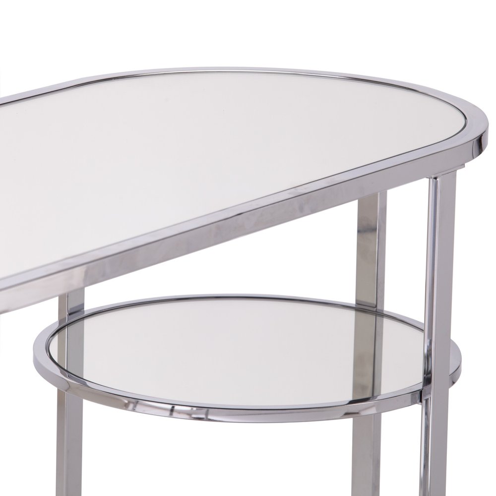 42" Silver Mirrored Glass and Iron Oval Cross Leg Console Table With Two Shelves HomeRoots