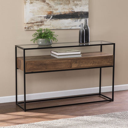 48" Clear and Black Glass Frame Console Table With Storage With Storage HomeRoots