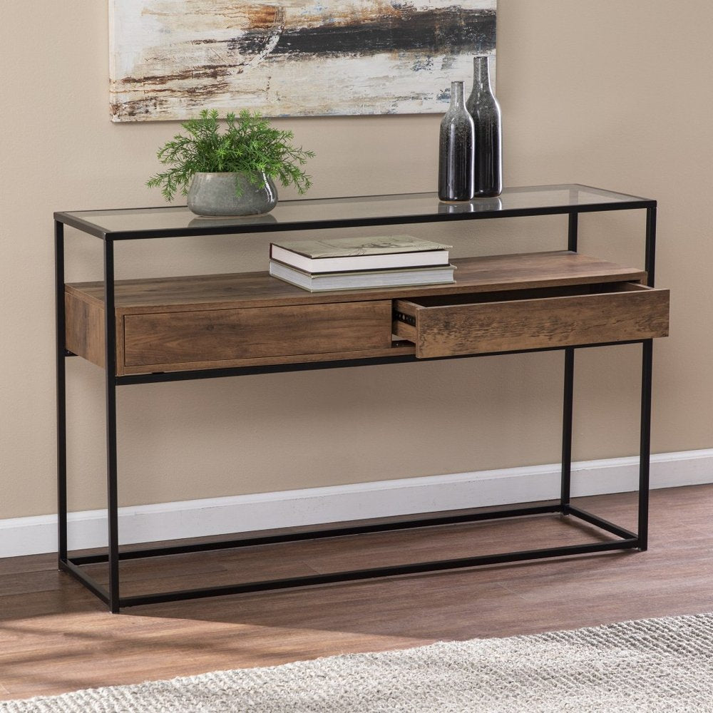 48" Clear and Black Glass Frame Console Table With Storage With Storage HomeRoots
