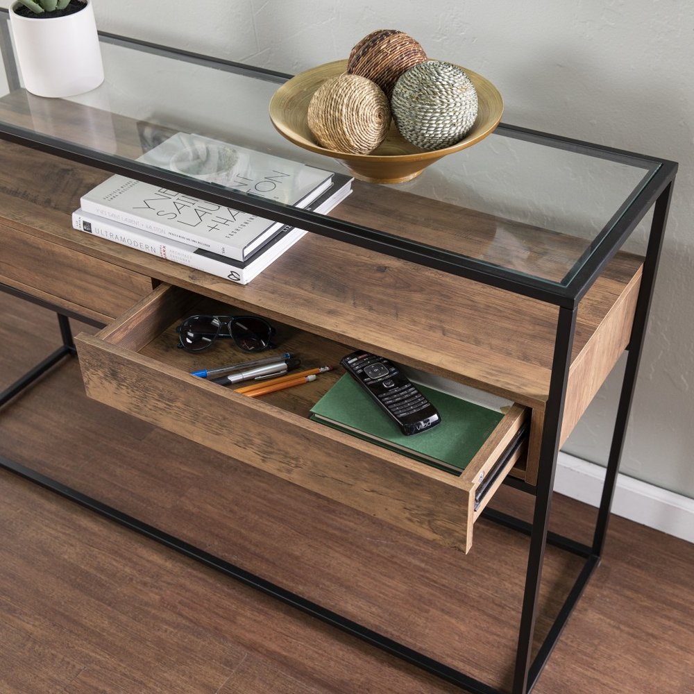 48" Clear and Black Glass Frame Console Table With Storage With Storage HomeRoots