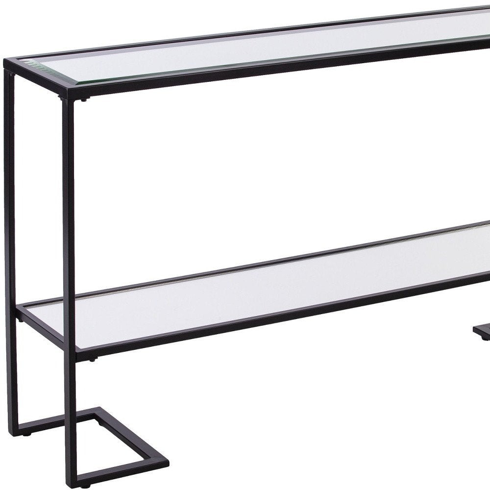 52" Clear and Black Glass Mirrored Sled Console Table With Shelves HomeRoots