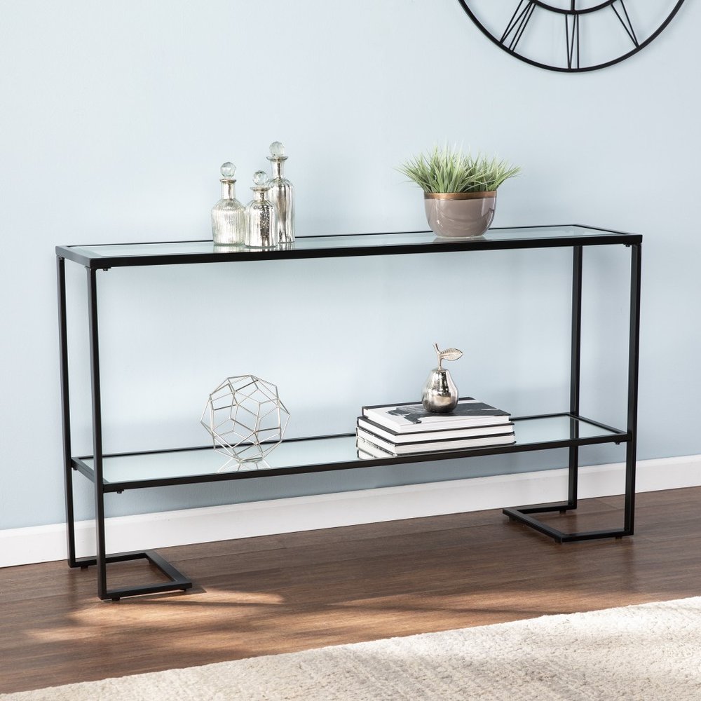 52" Clear and Black Glass Mirrored Sled Console Table With Shelves HomeRoots