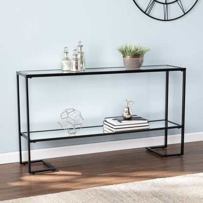 52" Clear and Black Glass Mirrored Sled Console Table With Shelves HomeRoots