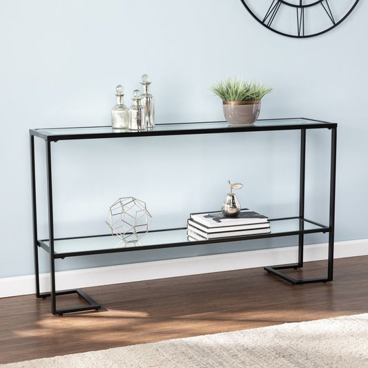 52" Clear and Black Glass Mirrored Sled Console Table With Shelves HomeRoots