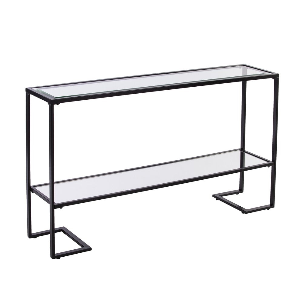 52" Clear and Black Glass Mirrored Sled Console Table With Shelves HomeRoots