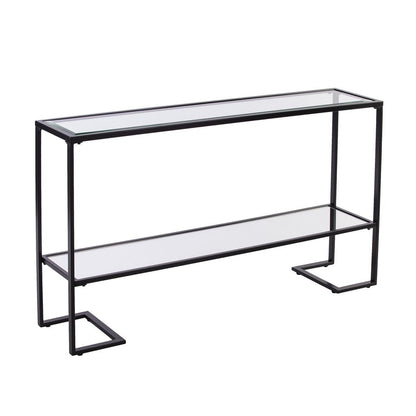 52" Clear and Black Glass Mirrored Sled Console Table With Shelves HomeRoots