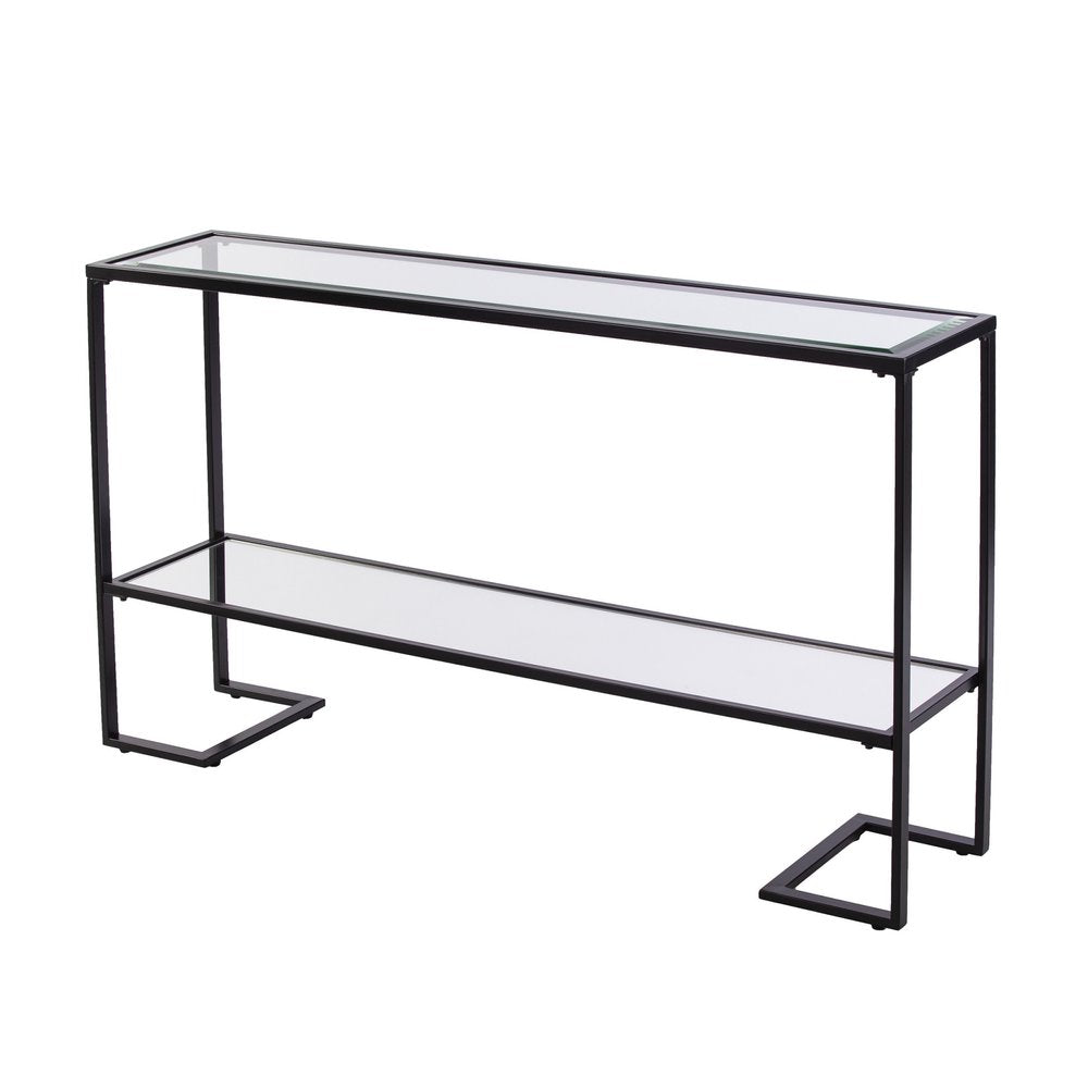 52" Clear and Black Glass Mirrored Sled Console Table With Shelves HomeRoots