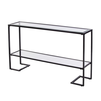52" Clear and Black Glass Mirrored Sled Console Table With Shelves HomeRoots