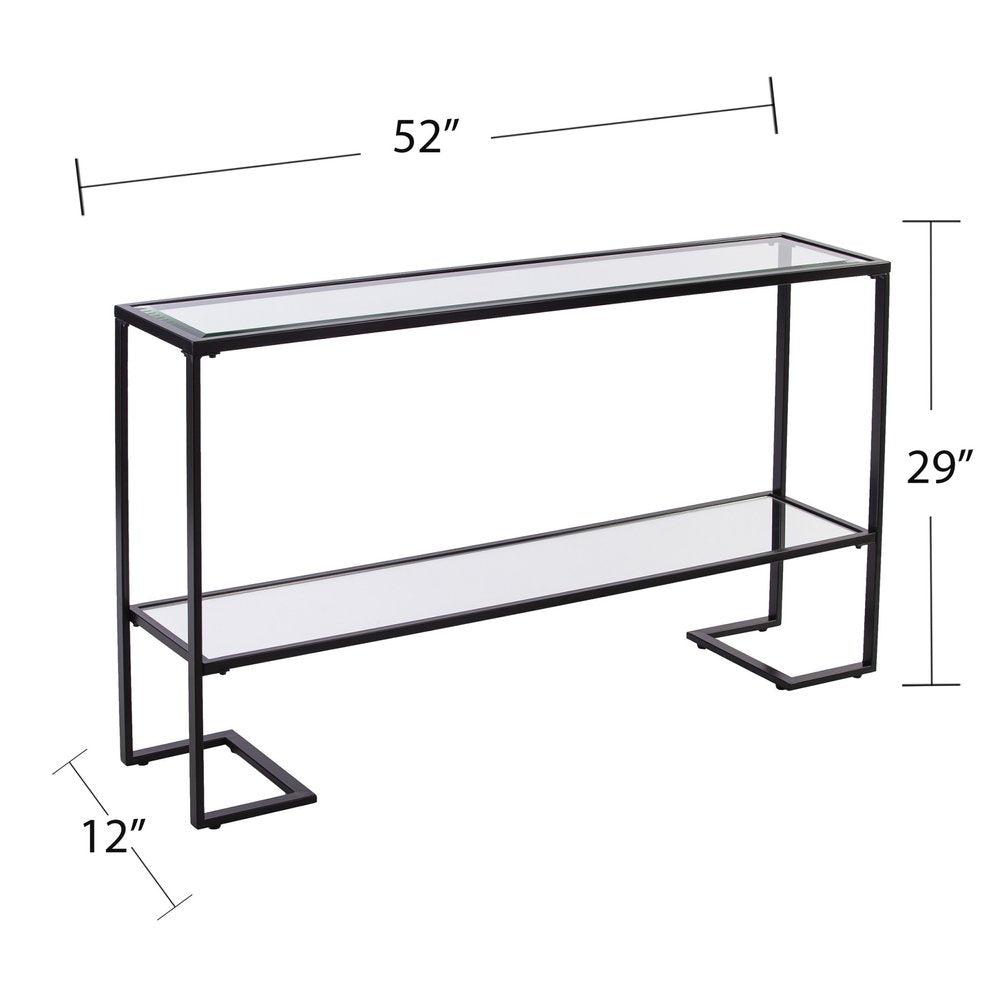 52" Clear and Black Glass Mirrored Sled Console Table With Shelves HomeRoots
