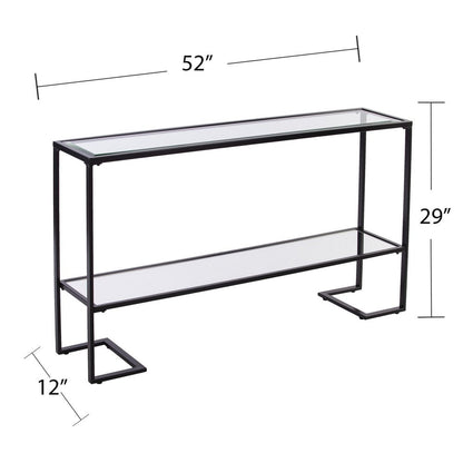 52" Clear and Black Glass Mirrored Sled Console Table With Shelves HomeRoots