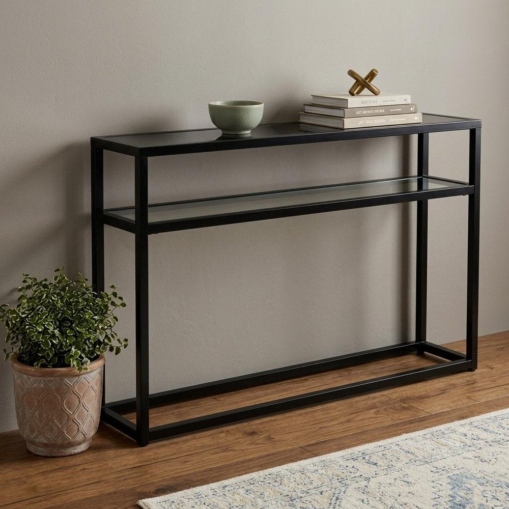 50" Black Glass Frame Console Table With Shelves HomeRoots