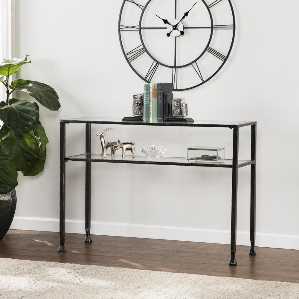 43" Clear and Black and Silver Glass Distressed Console Table With Storage HomeRoots