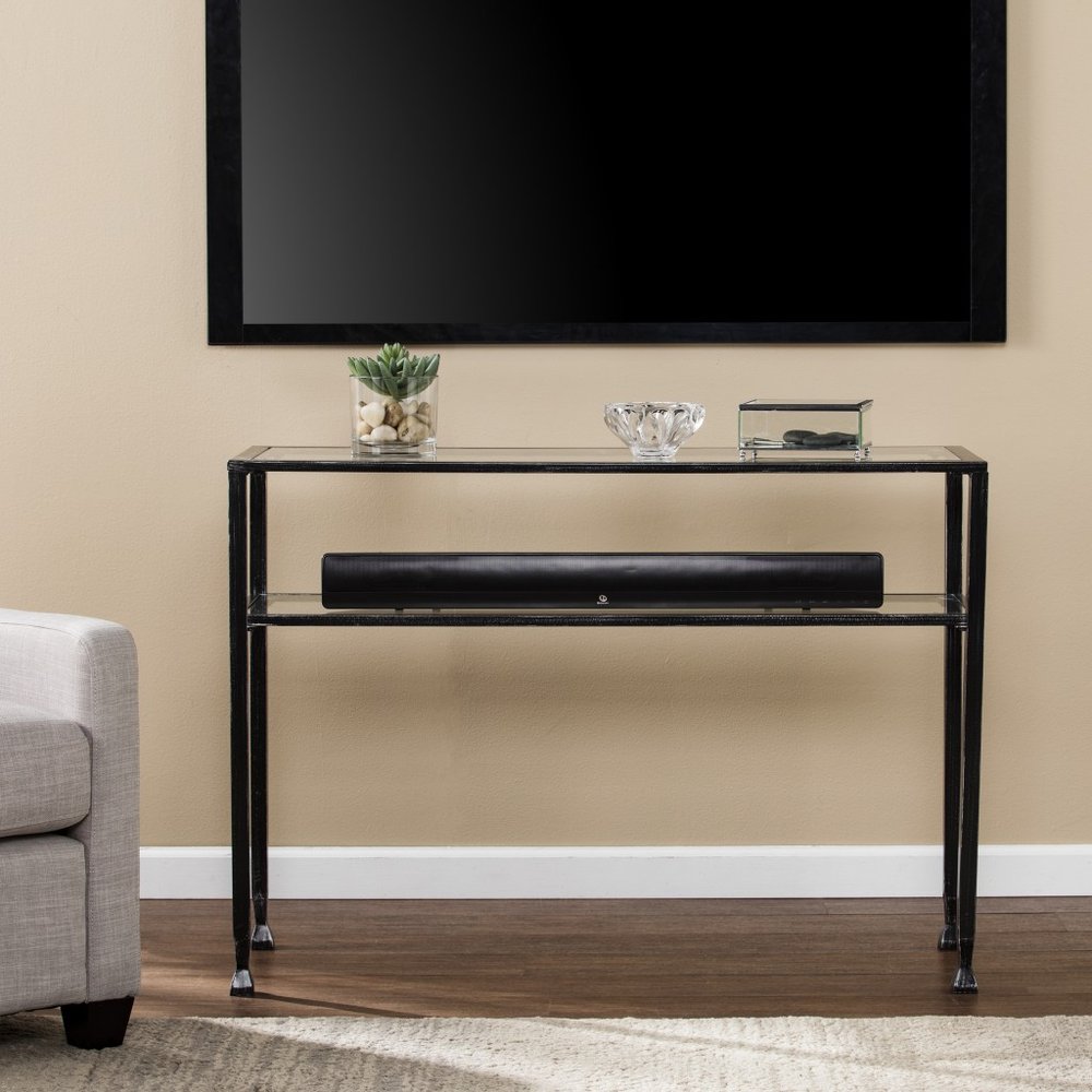 43" Clear and Black and Silver Glass Distressed Console Table With Storage HomeRoots