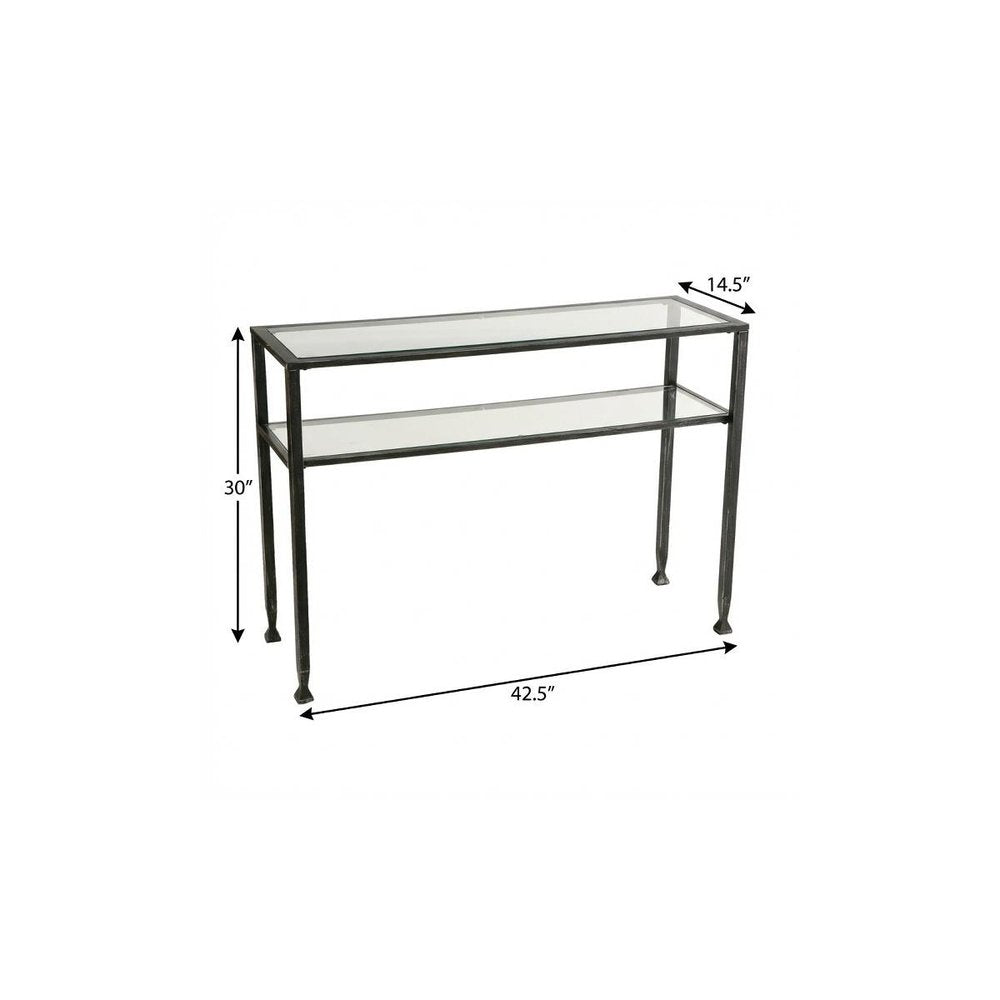 43" Clear and Black and Silver Glass Distressed Console Table With Storage HomeRoots