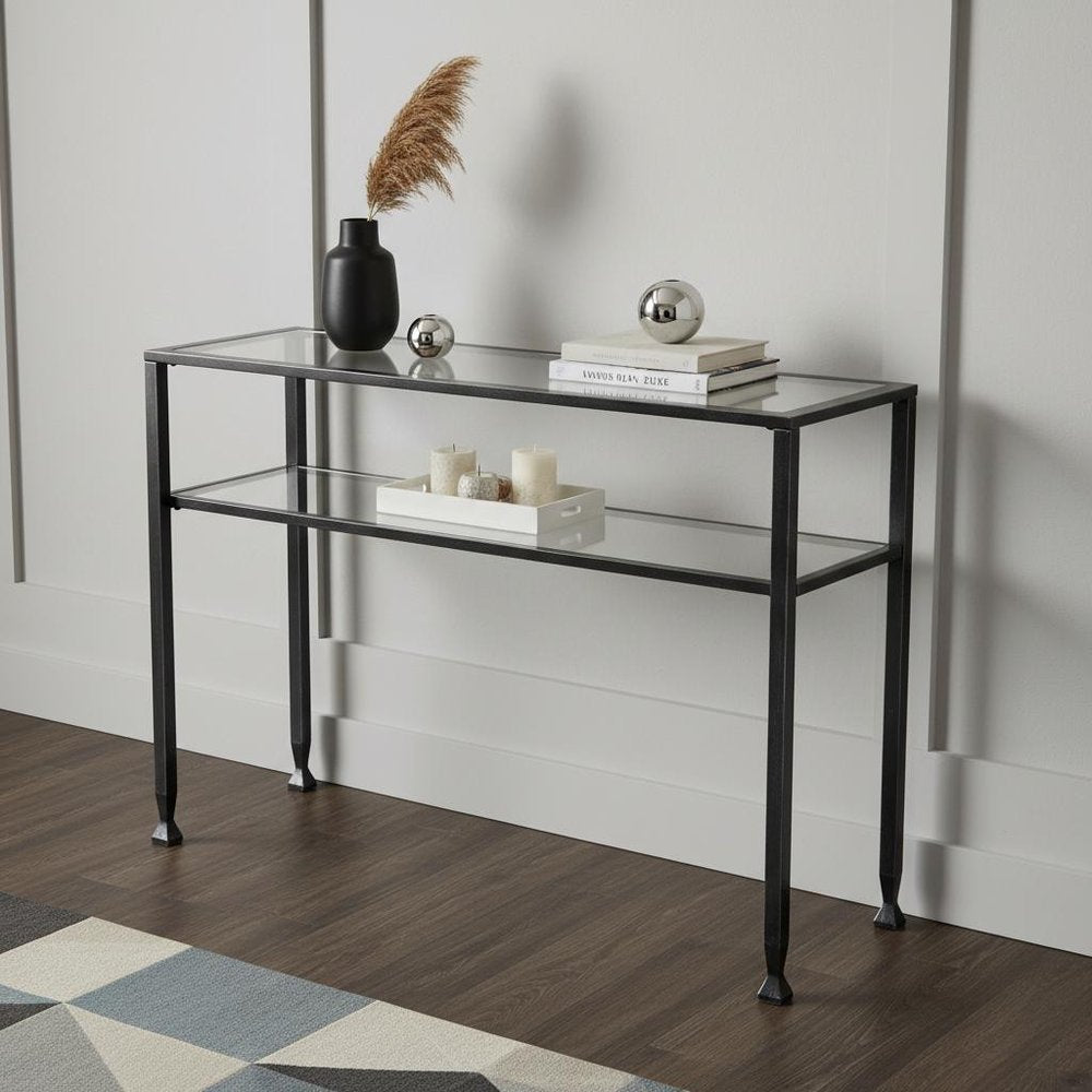 43" Clear and Black and Silver Glass Distressed Console Table With Storage HomeRoots
