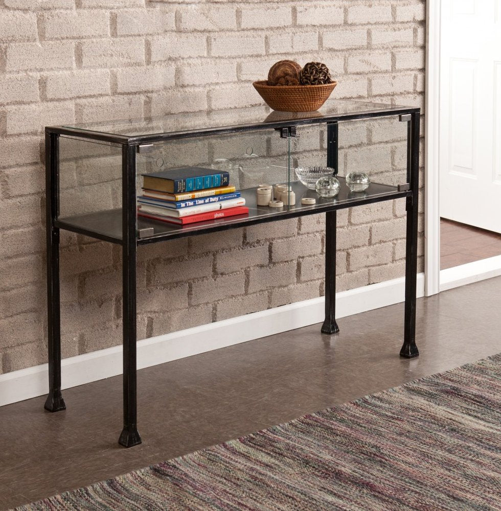 43" Clear and Black Glass Distressed Console Table With Storage HomeRoots