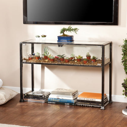 43" Clear and Black Glass Distressed Console Table With Storage HomeRoots
