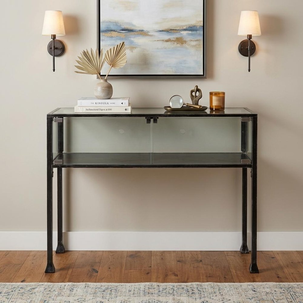 43" Clear and Black Glass Distressed Console Table With Storage HomeRoots