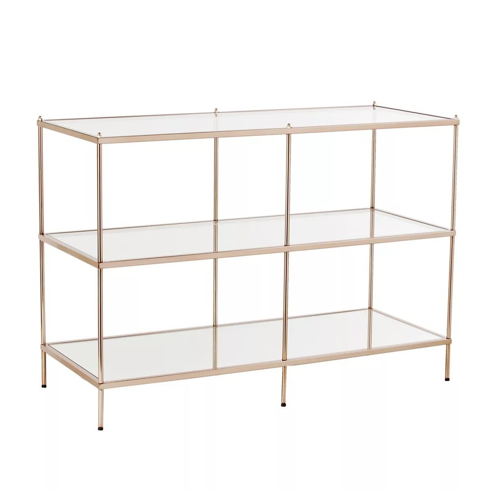 42" Clear and Gold Glass Mirrored Frame Console Table With Shelves HomeRoots