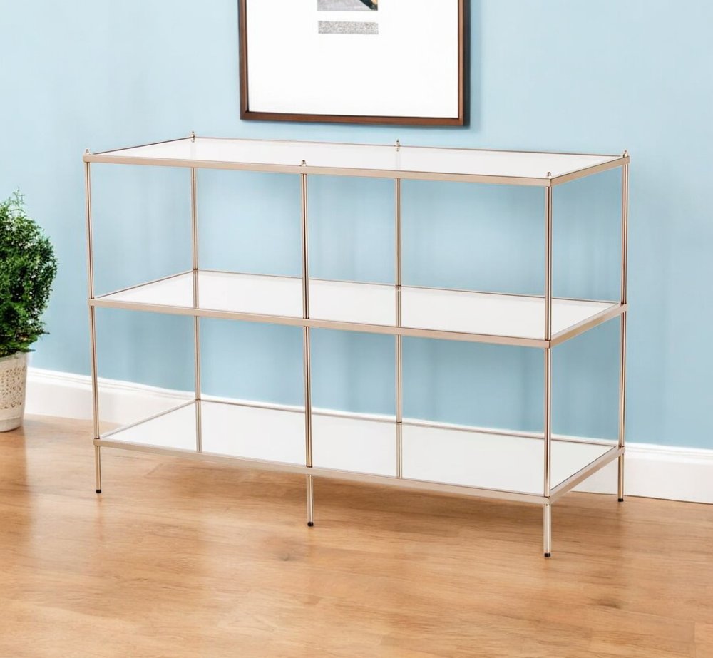 42" Clear and Gold Glass Mirrored Frame Console Table With Shelves HomeRoots