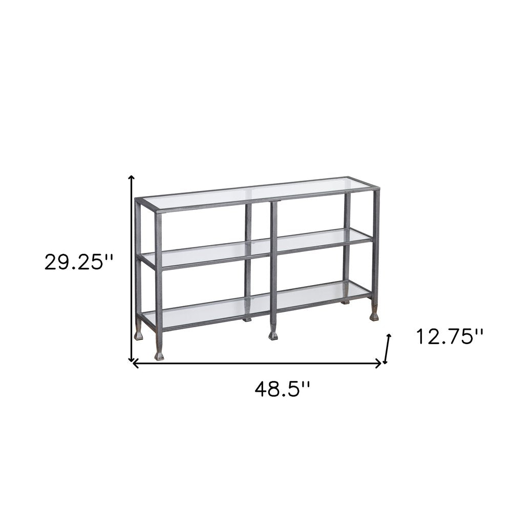 49" Clear and Silver Glass Distressed Frame Console Table With Shelves HomeRoots