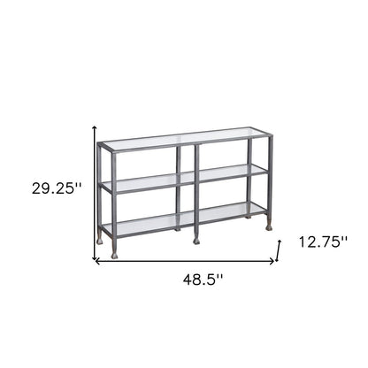 49" Clear and Silver Glass Distressed Frame Console Table With Shelves HomeRoots