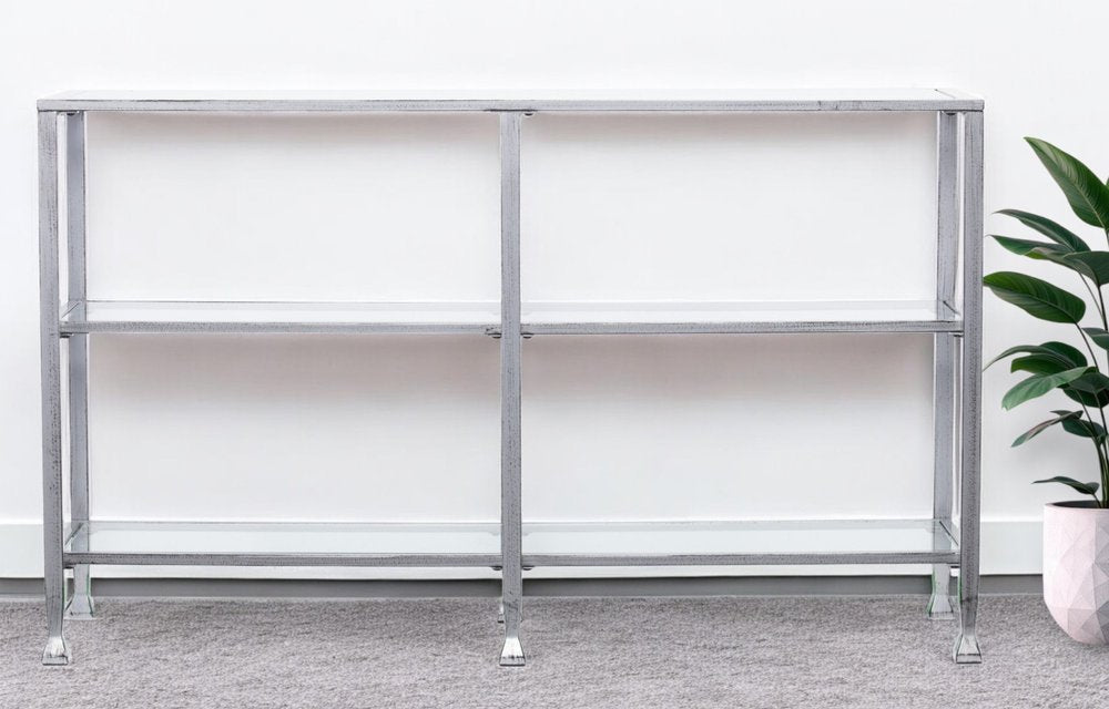 49" Clear and Silver Glass Distressed Frame Console Table With Shelves HomeRoots