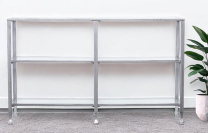 49" Clear and Silver Glass Distressed Frame Console Table With Shelves HomeRoots