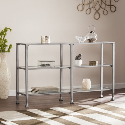 49" Clear and Silver Glass Distressed Frame Console Table With Shelves HomeRoots