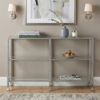 49" Clear and Silver Glass Distressed Frame Console Table With Shelves HomeRoots