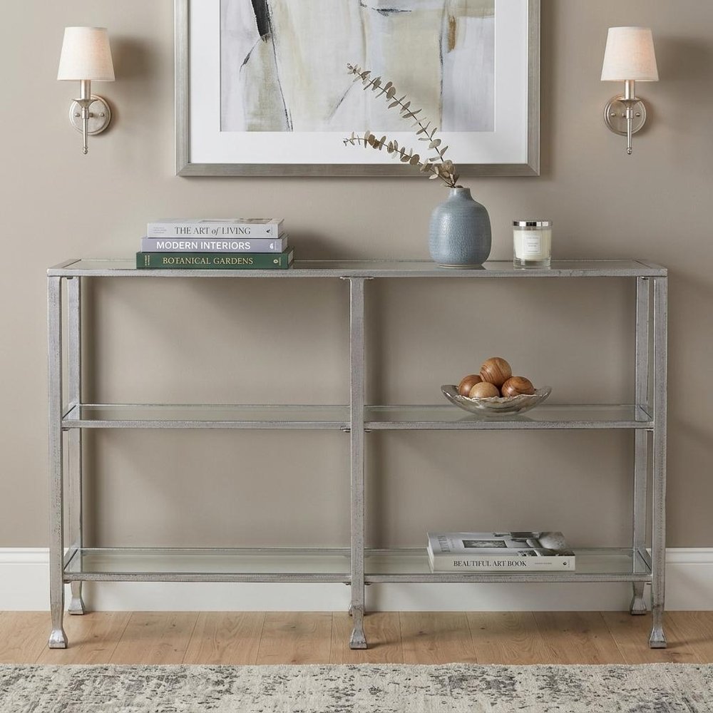 49" Clear and Silver Glass Distressed Frame Console Table With Shelves HomeRoots
