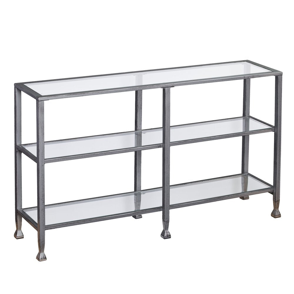 49" Clear and Silver Glass Distressed Frame Console Table With Shelves HomeRoots