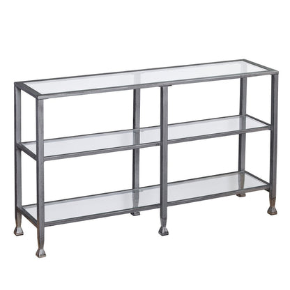 49" Clear and Silver Glass Distressed Frame Console Table With Shelves HomeRoots