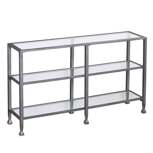 49" Clear and Silver Glass Distressed Frame Console Table With Shelves HomeRoots