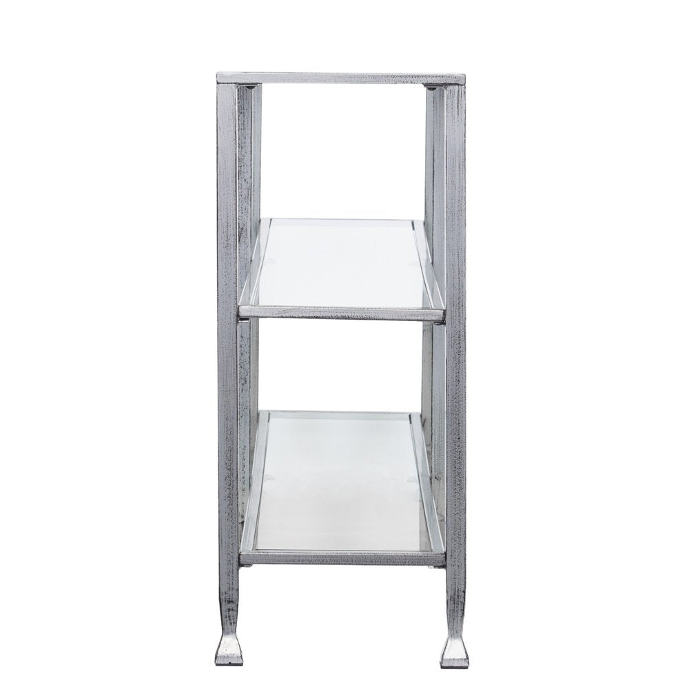 49" Clear and Silver Glass Distressed Frame Console Table With Shelves HomeRoots