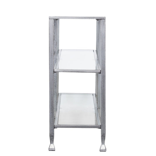 49" Clear and Silver Glass Distressed Frame Console Table With Shelves HomeRoots
