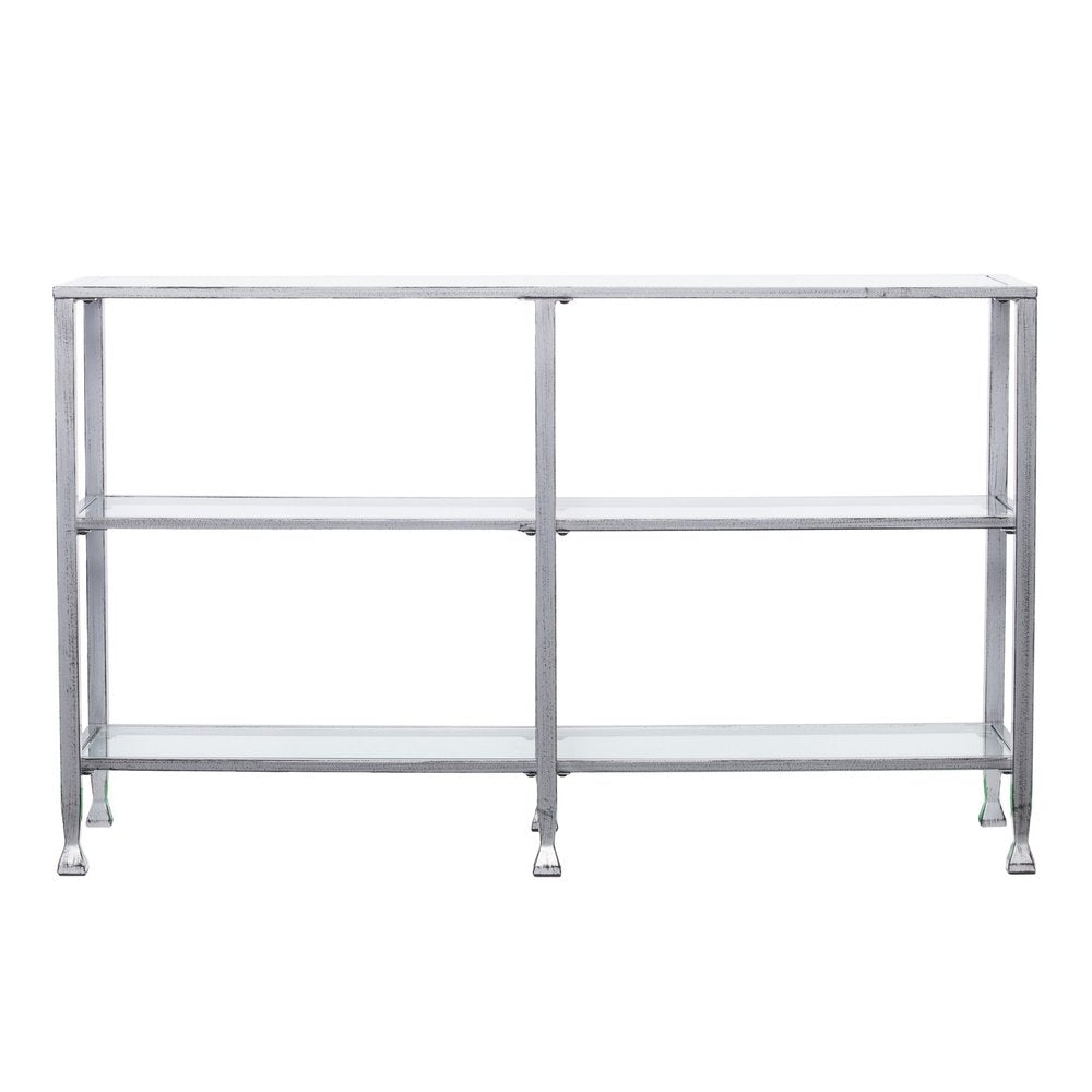 49" Clear and Silver Glass Distressed Frame Console Table With Shelves HomeRoots