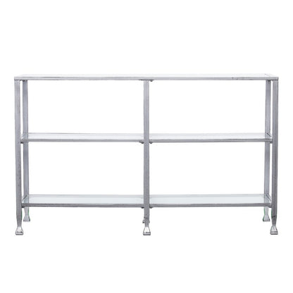 49" Clear and Silver Glass Distressed Frame Console Table With Shelves HomeRoots