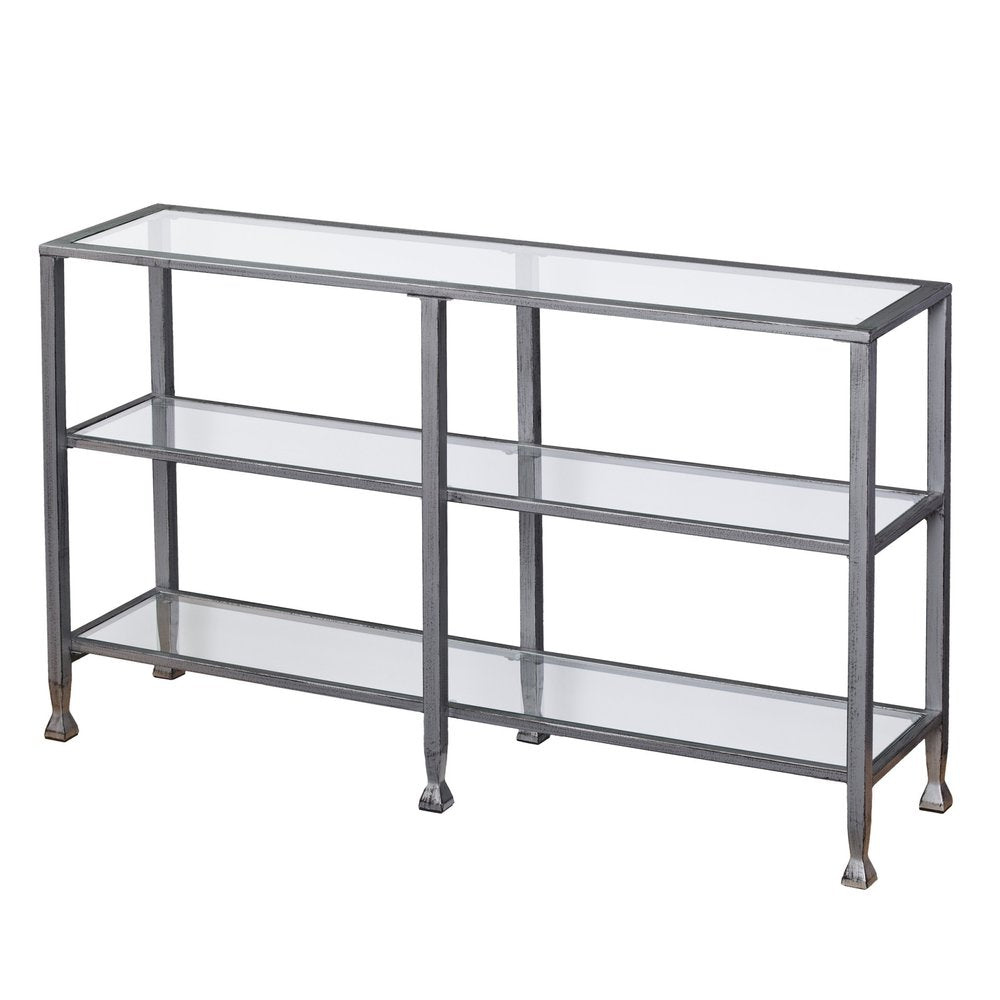 49" Clear and Silver Glass Distressed Frame Console Table With Shelves HomeRoots