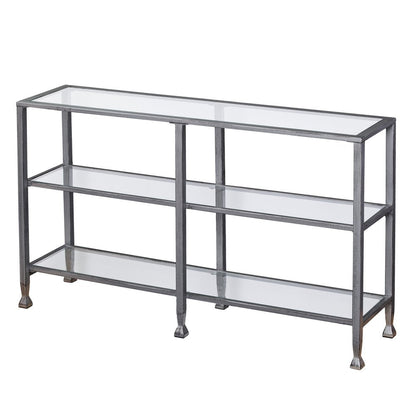 49" Clear and Silver Glass Distressed Frame Console Table With Shelves HomeRoots