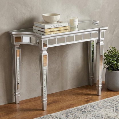 45" Silver Mirrored Glass and Wood Free Form Console Table HomeRoots