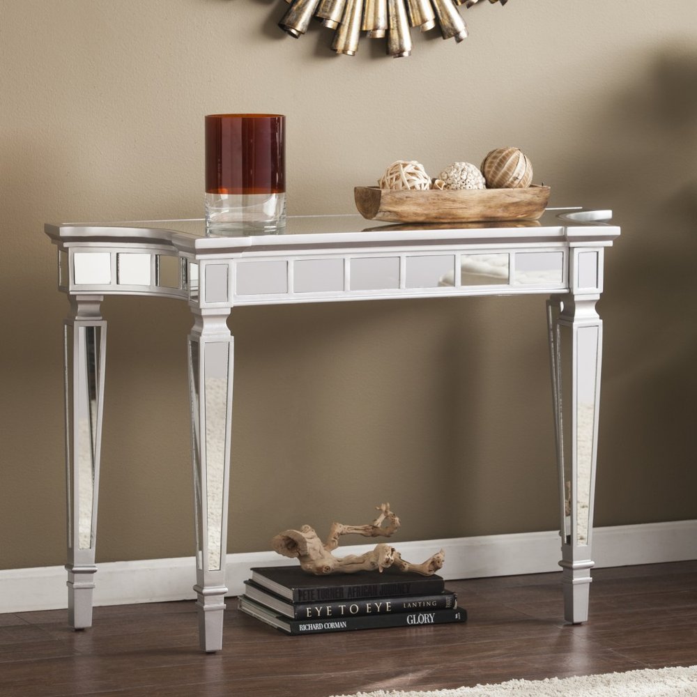 45" Silver Mirrored Glass and Wood Free Form Console Table HomeRoots