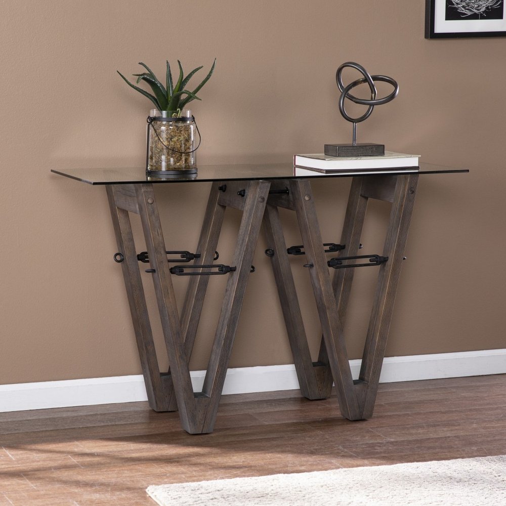46" Clear Gray and Brown Glass and Solid Wood Abstract Console Table HomeRoots