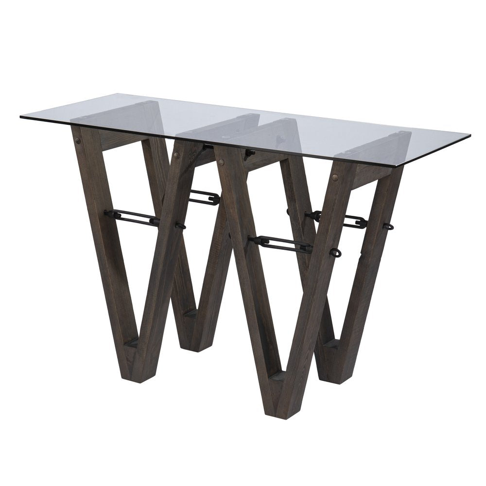 46" Clear Gray and Brown Glass and Solid Wood Abstract Console Table HomeRoots