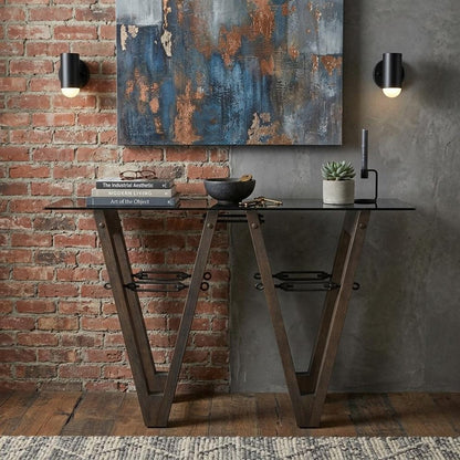 46" Clear Gray and Brown Glass and Solid Wood Abstract Console Table HomeRoots