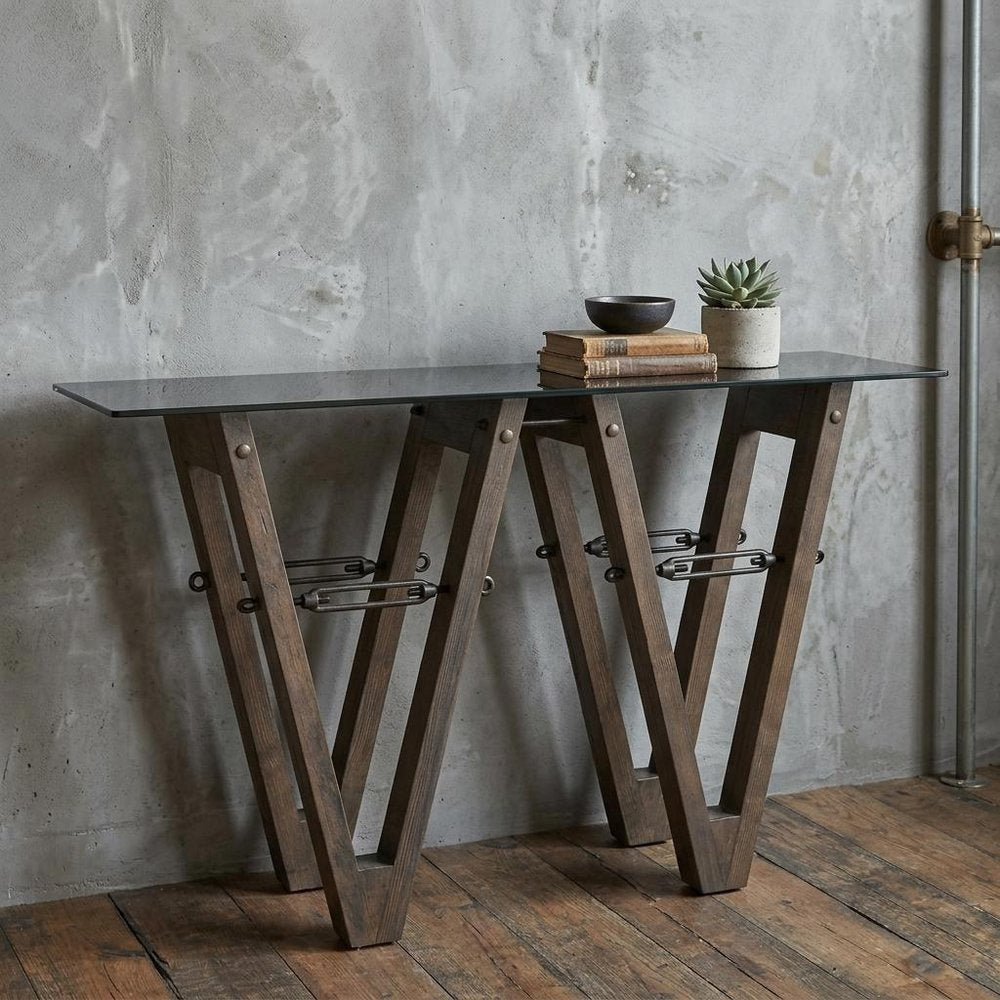 46" Clear Gray and Brown Glass and Solid Wood Abstract Console Table — view 9