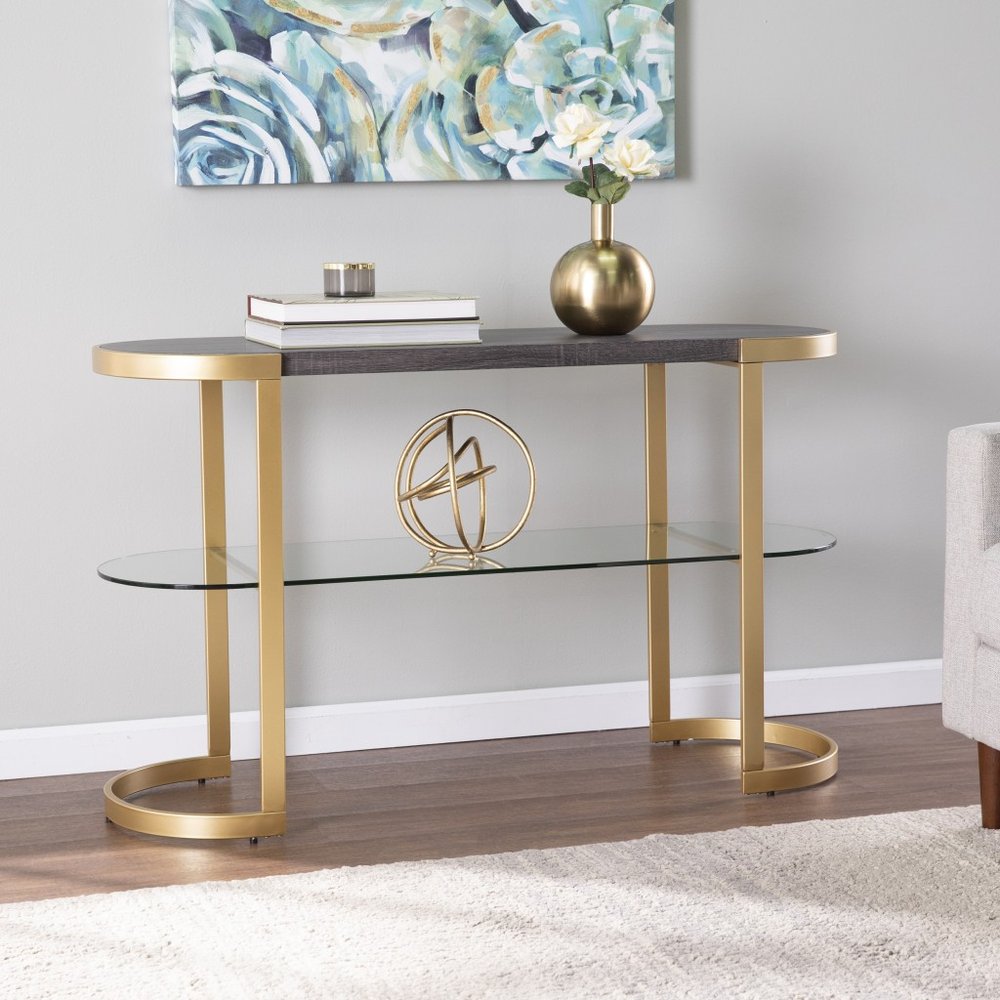 49" Gray and Gold Solid Wood Oval Sled Console Table With Storage HomeRoots