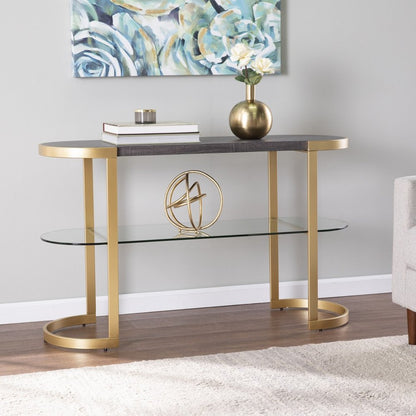 49" Gray and Gold Solid Wood Oval Sled Console Table With Storage HomeRoots