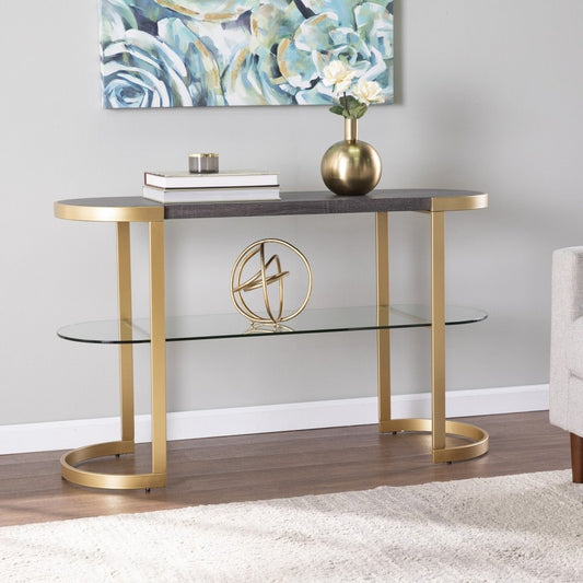 49" Gray and Gold Solid Wood Oval Sled Console Table With Storage HomeRoots