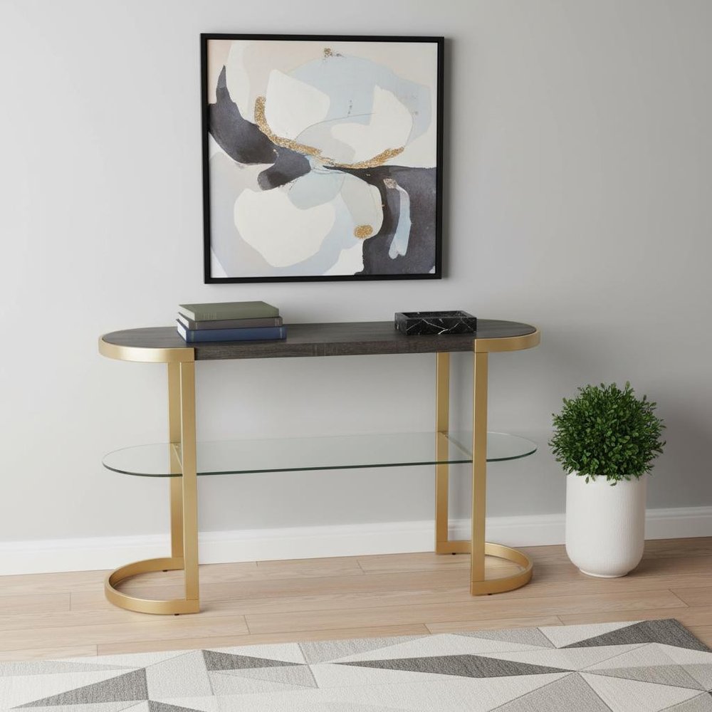 49" Gray and Gold Solid Wood Oval Sled Console Table With Storage HomeRoots